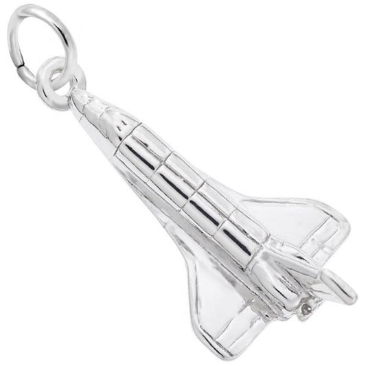 The Rembrandt Charms Shuttle Charm / Sterling Silver is a finely detailed miniature space shuttle featuring wings, windows, and engines. It includes a small loop for easy attachment to jewelry, making it an exquisite addition to any collection.