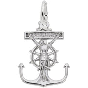 The Mariners Cross Charm by Rembrandt Charms is a sterling silver pendant featuring an anchor design with a ship's wheel background. At the center, a figure reminiscent of the crucifixion has arms outstretched horizontally, set against a bar adorned with small white stones—truly the perfect piece for any mariner.