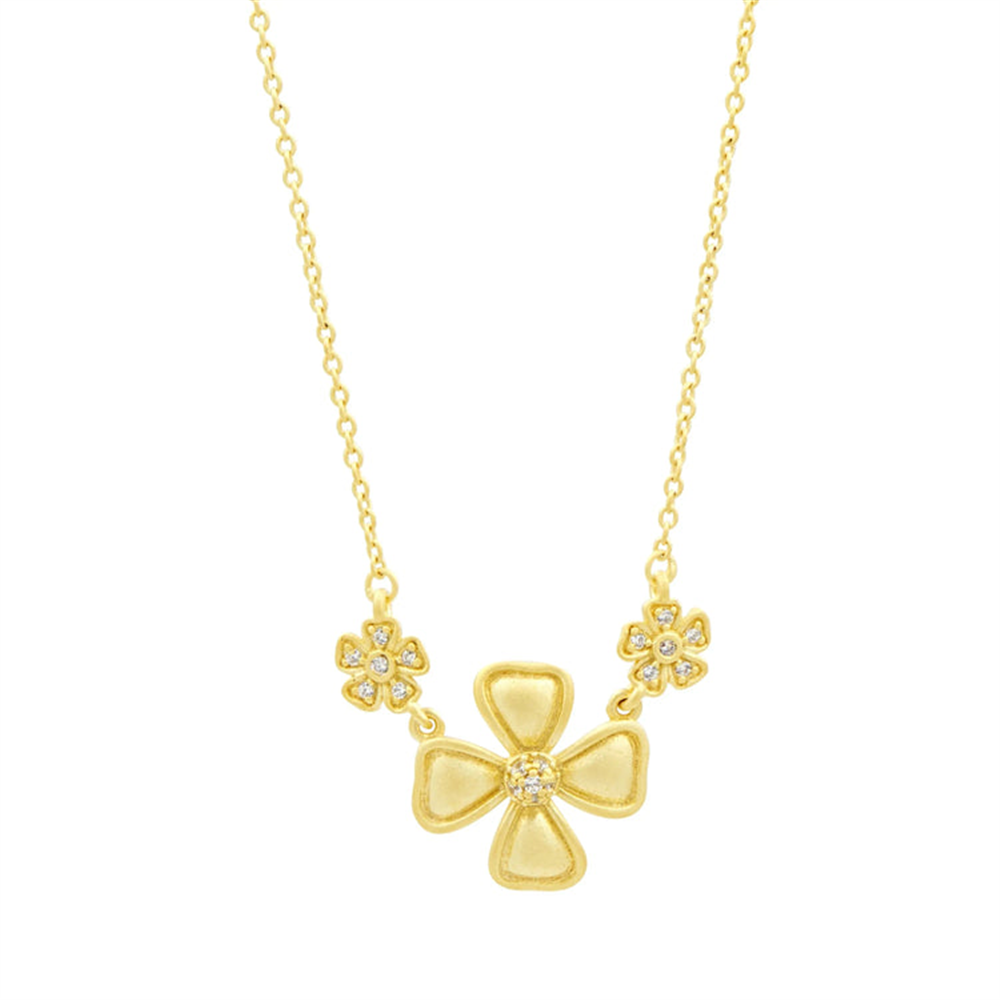 The Freida Rothman HAYZN05-16E Harmony 3 Flower Station Necklace features a central large four-petal flower pendant and two smaller gemstone-accented flower charms on each side.