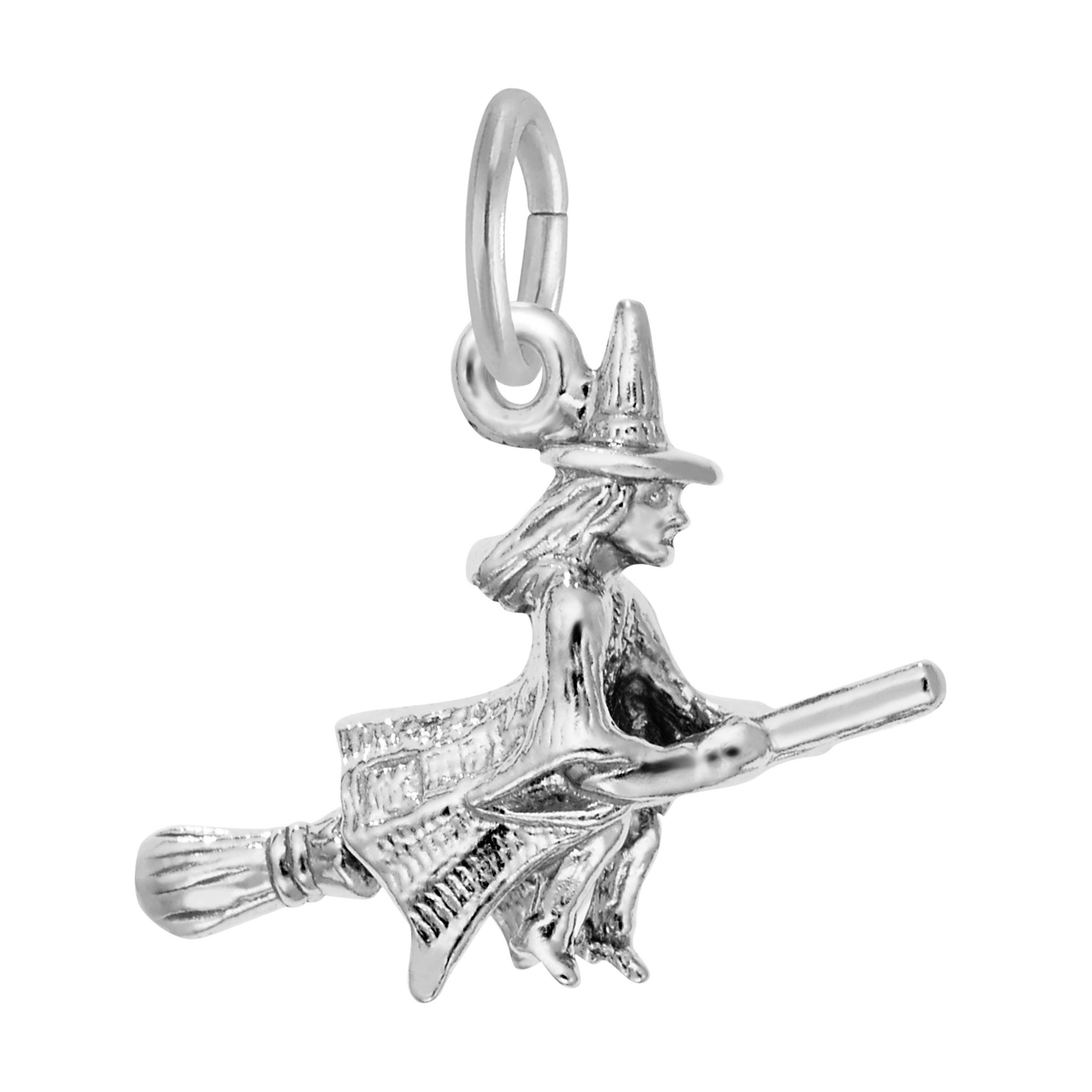 Introducing the Witch Charm- Sterling Silver by Rembrandt Charms. Crafted in shining sterling silver, this Halloween-inspired charm is shaped like a witch wearing a pointed hat and riding a broomstick. It features a convenient loop at the top for easy attachment to your favorite bracelet or necklace, making it an ideal accessory for your Halloween jewelry collection.