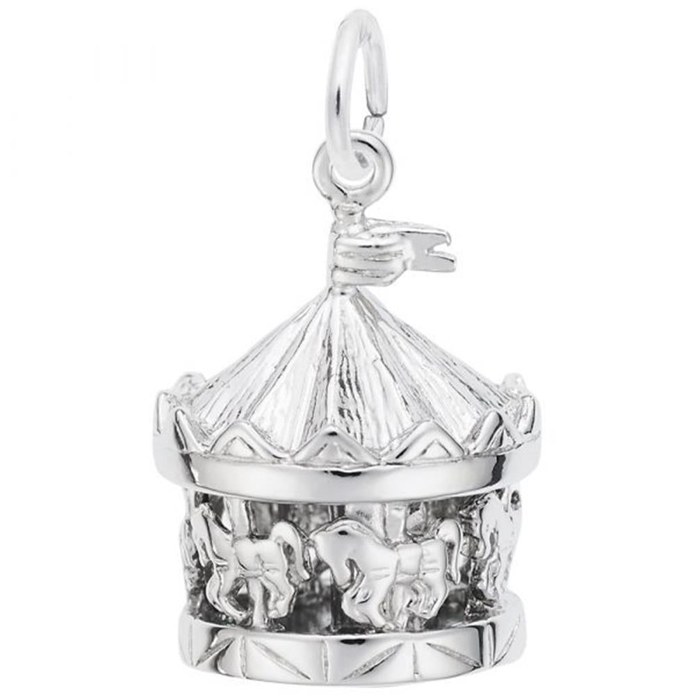 A detailed Carousel Charm in sterling silver by Rembrandt Charms, featuring intricate designs of horses and a tent-like roof.