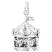 A detailed Carousel Charm in sterling silver by Rembrandt Charms, featuring intricate designs of horses and a tent-like roof.