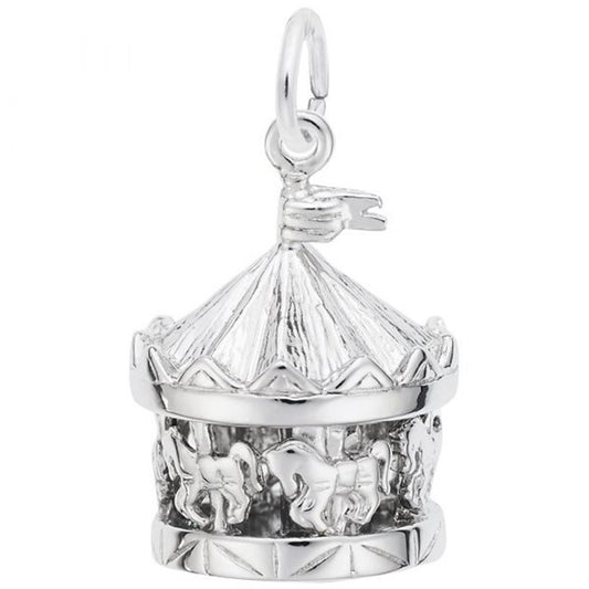A detailed Carousel Charm in sterling silver by Rembrandt Charms, featuring intricate designs of horses and a tent-like roof.
