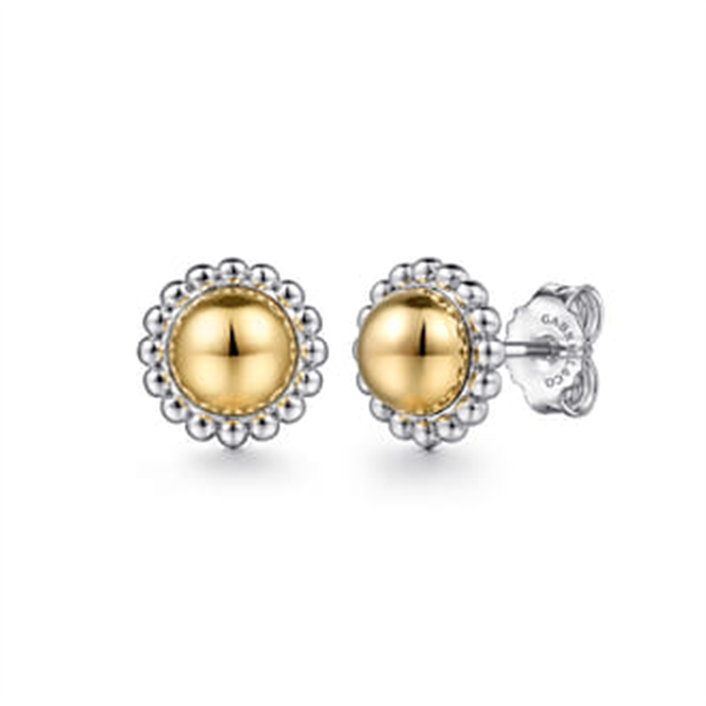 Gabriel & Co 925 Sterling Silver and 14k yellow gold stud earrings feature a central gold dome framed by a scalloped silver border, complete with butterfly backings.