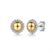 Gabriel & Co 925 Sterling Silver and 14k yellow gold stud earrings feature a central gold dome framed by a scalloped silver border, complete with butterfly backings.