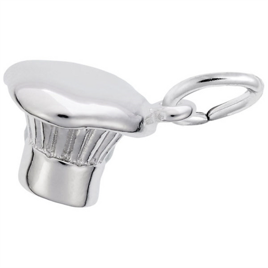 The Chef Hat Sterling Silver Charm by Rembrandt Charms is a chef hat-shaped charm with a loop for attaching to a bracelet or necklace, ideal for chef jewelry collections.