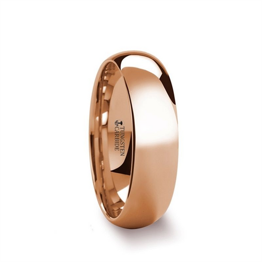 The SOL Rose Gold Plated Tungsten Carbide Wedding Ring by Thorsten features a polished and smooth 6mm band with a shiny surface. The inside of the size 9 ring is engraved with "Tungsten Carbide," highlighting its material composition. This rose gold plated piece boasts a rounded, comfortable-fit design.