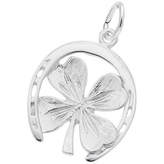 Rembrandt Charms presents the Good Luck Horseshoe and Clover Charm, a sterling silver pendant featuring a detailed four-leaf clover encircled by an open horseshoe. The intricately designed horseshoe frames the centrally placed clover, symbolizing good luck.