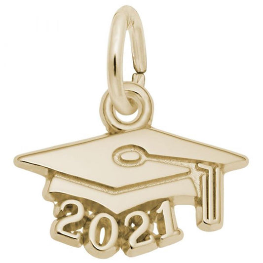 Rembrandt Charms' Grad Cap 2021 Gold Plate Charm, Sterling Silver, is a gold-plated pendant shaped like a graduation cap, featuring "2021" engraved at the bottom. The top includes a ring for easy attachment to any chain or bracelet.