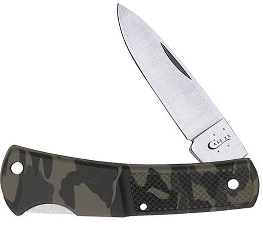 The Camo Caliber Small Lockback Knife by W.R. Case & Sons Cutlery Co. features a partially open silver blade with a thumb groove for easy opening and "Case XX" engraved near the hinge. The handle showcases a camouflage pattern and includes a hole near its base, perfectly blending style and utility in its Lockback design.