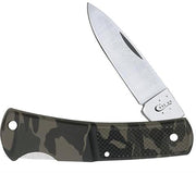 The Camo Caliber Small Lockback Knife by W.R. Case & Sons Cutlery Co. features a partially open silver blade with a thumb groove for easy opening and "Case XX" engraved near the hinge. The handle showcases a camouflage pattern and includes a hole near its base, perfectly blending style and utility in its Lockback design.