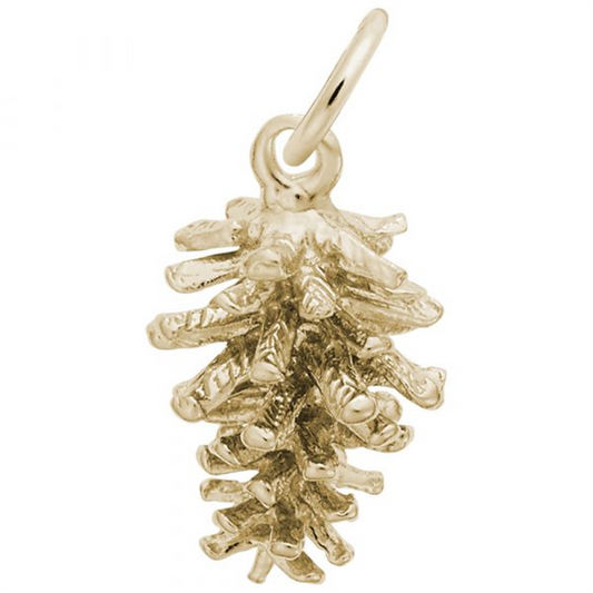 The Rembrandt Charms Pine Cone Charm in 10K Yellow Gold features intricate detailing and is designed to be worn on a necklace or bracelet. It has a small loop at the top for easy attachment to your jewelry.