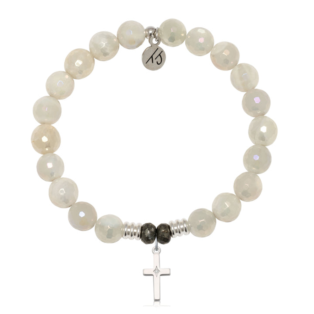The T Jazelle Moonstone Gemstone Bracelet features round, faceted moonstones accented by two dark beads and silver spacers, with a sterling silver CZ cross charm and a "15" engraved tag near the clasp.