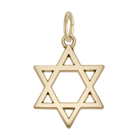 The Rembrandt Charms Star of David Charm- Gold Plated is a classic piece of Jewish jewelry, featuring a hollow center and a rounded bail for easy attachment to a chain. Photographed on a white background, this timeless pendant beautifully honors the iconic symbol of Judaism.