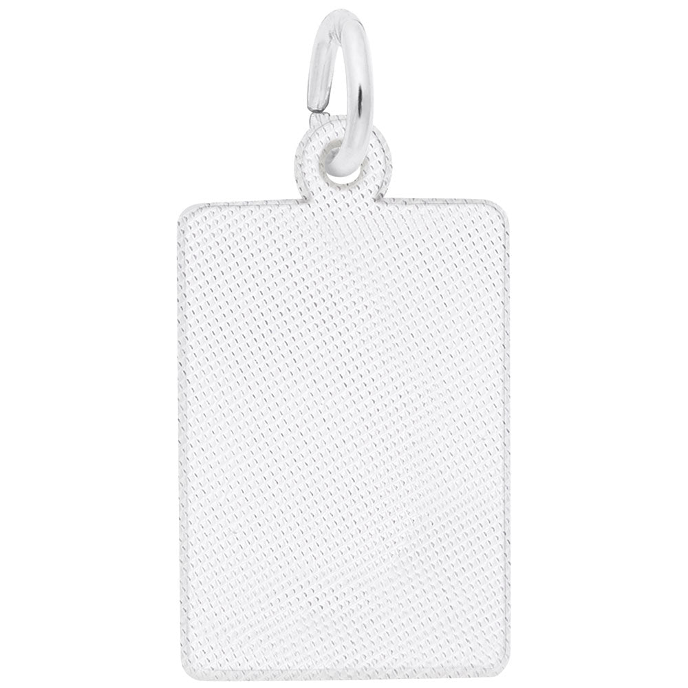 This image shows the sterling silver rectangular back of the Mahjong Tile Charm, which has a textured surface for engraving.