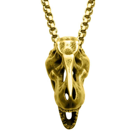 Distressed Matte 18Kt Gold IP T-Rex Skull Pendant with Chain / 24" | INOX