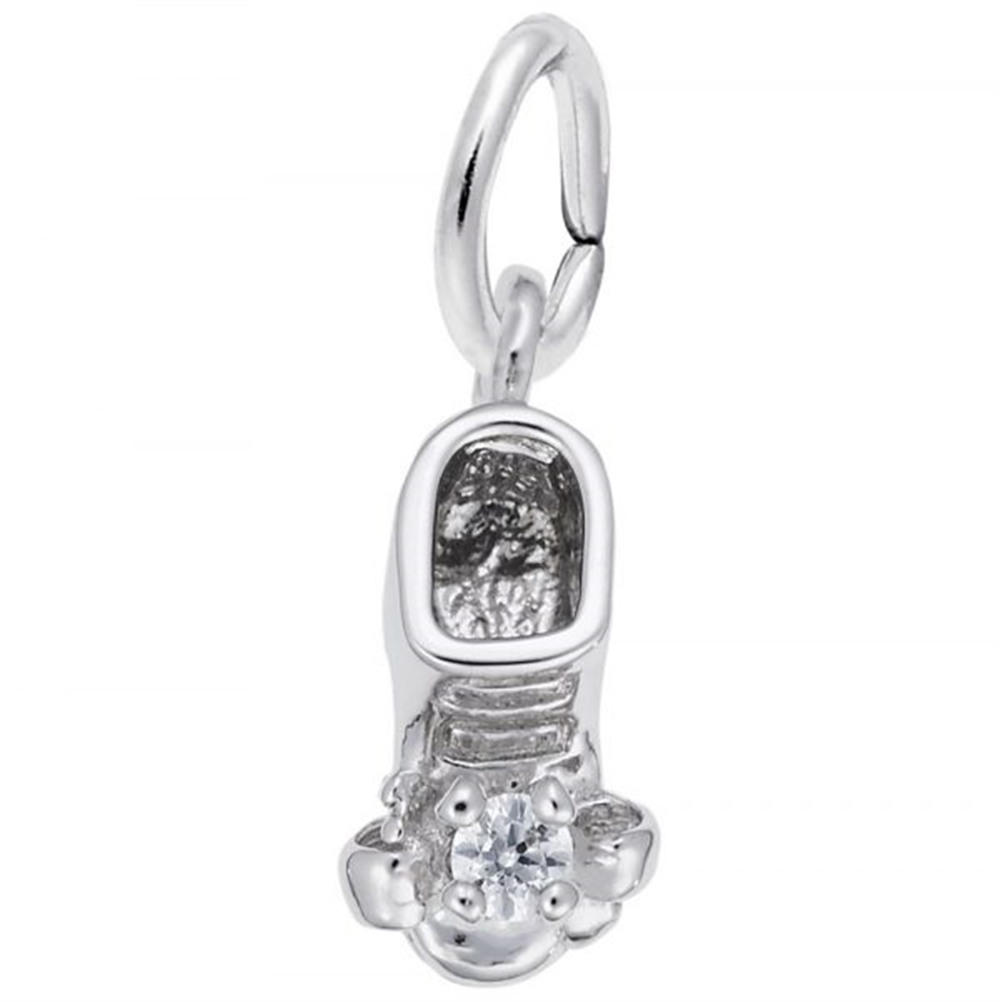 The Rembrandt Charms Birthstone Baby Bootie Charm (April) is a petite, sterling silver shoe-shaped charm featuring a round, clear gemstone at the toe and a loop for easy attachment to a bracelet or necklace—an ideal baby keepsake or thoughtful April birthday gift.