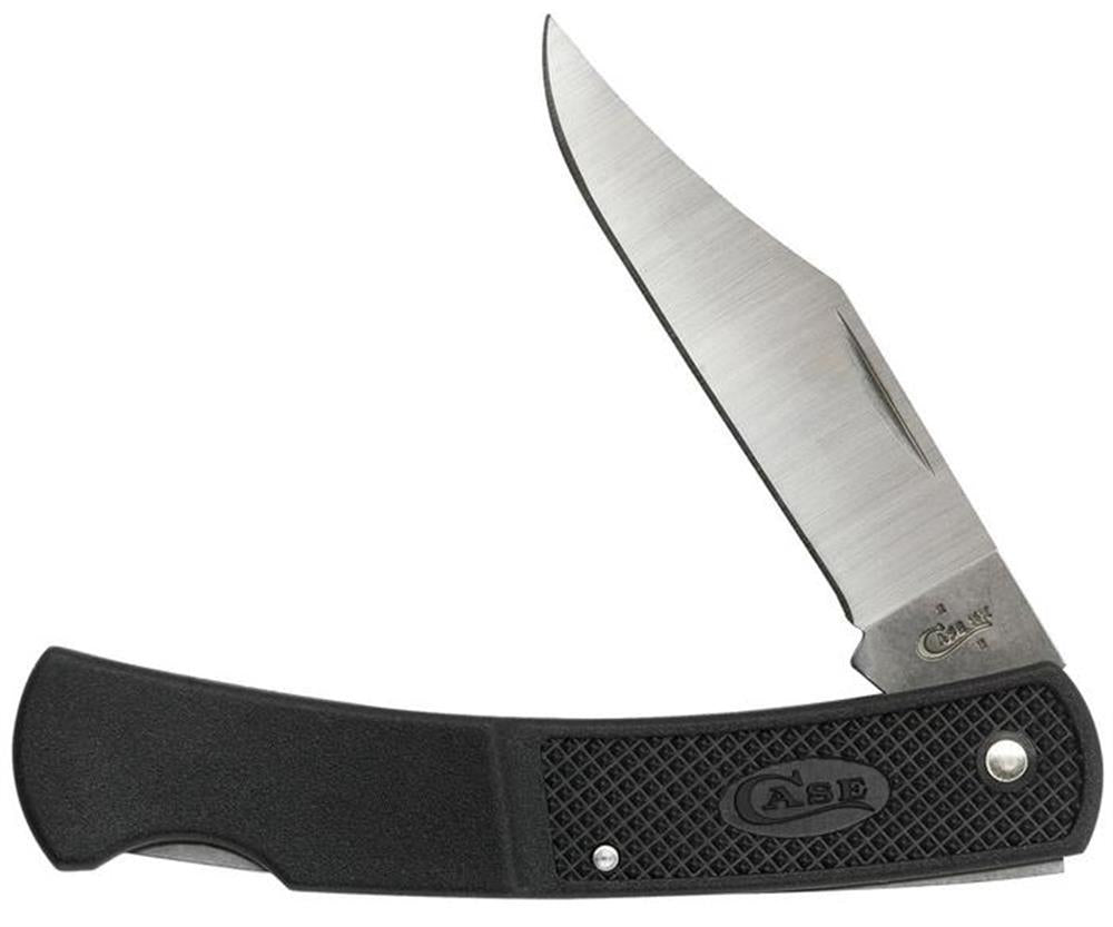 The Lockback Knife from W.R. Case & Sons Cutlery Co., known as the Case Knives Black Caliber Small Lockback Knife features a partially open folding design with a black handle and a Tru-Sharp stainless steel silver blade. The handle includes a textured grip and a circular emblem with "ASE," while the blade showcases the brand name "Case" and has a slight clip point.