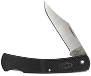 The Lockback Knife from W.R. Case & Sons Cutlery Co., known as the Case Knives Black Caliber Small Lockback Knife features a partially open folding design with a black handle and a Tru-Sharp stainless steel silver blade. The handle includes a textured grip and a circular emblem with "ASE," while the blade showcases the brand name "Case" and has a slight clip point.