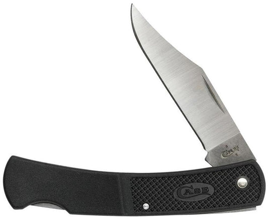 The Lockback Knife from W.R. Case & Sons Cutlery Co., known as the Case Knives Black Caliber Small Lockback Knife features a partially open folding design with a black handle and a Tru-Sharp stainless steel silver blade. The handle includes a textured grip and a circular emblem with "ASE," while the blade showcases the brand name "Case" and has a slight clip point.
