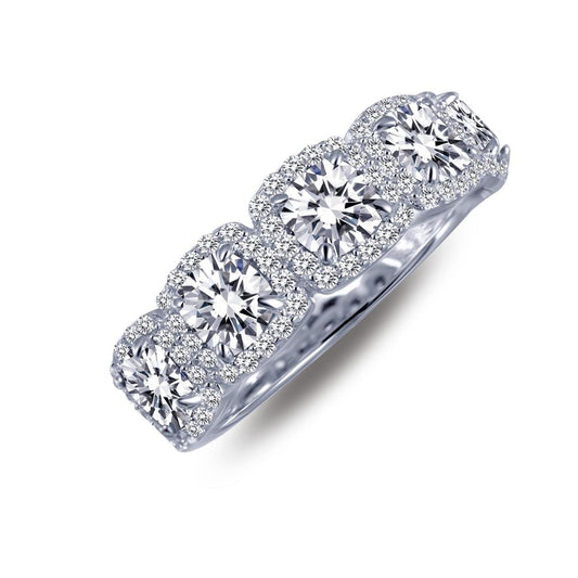 The Halo Anniversary Eternity Band by Lafonn showcases a stunning and elegant design, featuring four large, round-cut diamonds set in square settings. Each is surrounded by a halo of smaller diamonds, making it the perfect choice for an anniversary celebration.