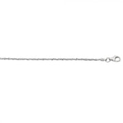 A close-up of the Royal Chain Group-Royal Chain's Silver 1.6mm Sparkle Chain with Lobster Lock (16 inch) showcases the intricate twisted rope design of the delicate sparkle chain. The plain white background highlights the details of the silver chain and its lobster lock closure clearly.