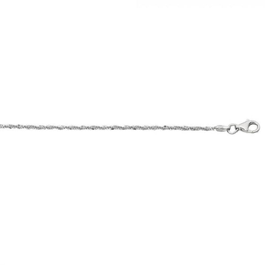 A close-up of the Royal Chain Group-Royal Chain's Silver 1.6mm Sparkle Chain with Lobster Lock (16 inch) showcases the intricate twisted rope design of the delicate sparkle chain. The plain white background highlights the details of the silver chain and its lobster lock closure clearly.