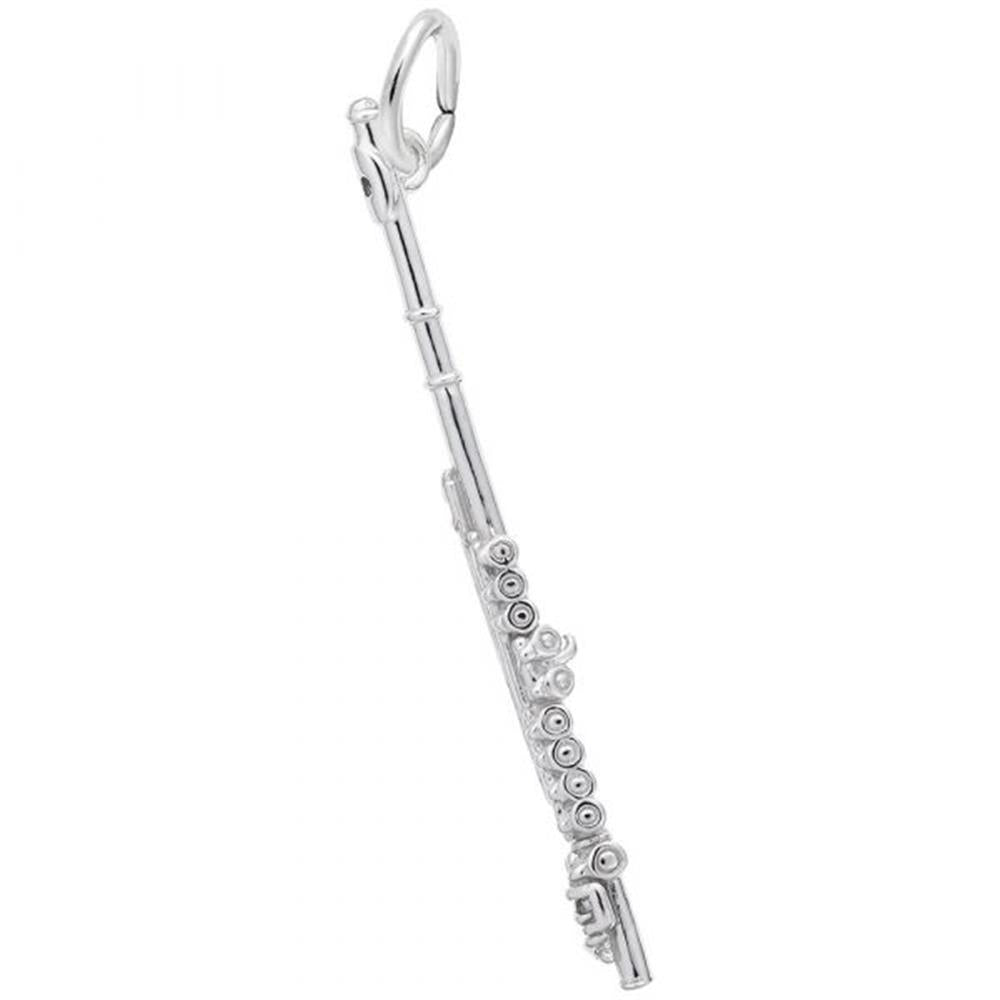 The Rembrandt Charms Flute Charm in sterling silver showcases intricate details, featuring various keys and a loop at the top for easy attachment to a bracelet or necklace. Its polished and reflective surface captures the fine craftsmanship of a miniature flute.