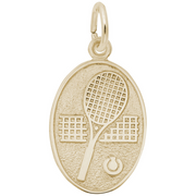 Introducing the Tennis Oval Disc Charm- Gold Plated by Rembrandt Charms: This elegant gold-plated oval pendant features a detailed engraving of a tennis racket, net, and ball, and is designed with a small loop at the top for easy attachment to your favorite chain or bracelet. The perfect tennis gift or a unique addition to any jewelry collection, this charm beautifully celebrates your love of the game.