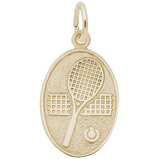 The Rembrandt Charms "Tennis" gold oval pendant showcases a raised design featuring a tennis racket, net, and ball—ideal for any dedicated tennis enthusiast seeking to enhance their collection with a touch of sporty elegance.