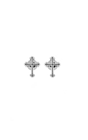 A pair of King Baby's Traditional Cross Silver Earrings against a plain white background. These .925 sterling silver cross-shaped earrings feature a central vertical and horizontal bar with rounded ends, giving them a classic, elegant appearance. Handmade in the USA.