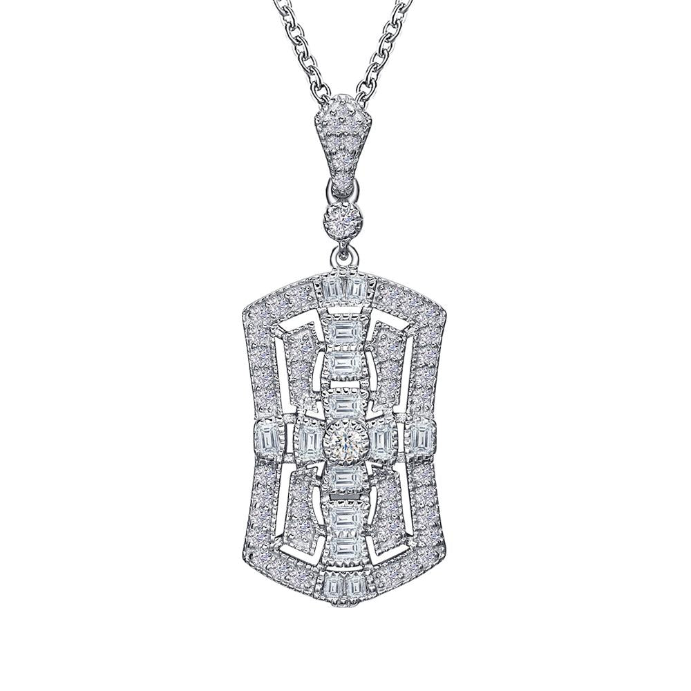 The Art Deco Inspired Pendant by Lafonn is a sterling silver piece bonded with platinum, showcasing an intricate, symmetrical design accented by numerous simulated diamonds. Hanging from a delicate silver chain, this pendant highlights craftsmanship that emphasizes both elegance and sparkling detail.
