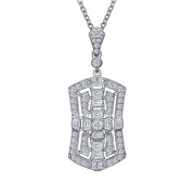 The Art Deco Inspired Pendant by Lafonn is a sterling silver piece bonded with platinum, showcasing an intricate, symmetrical design accented by numerous simulated diamonds. Hanging from a delicate silver chain, this pendant highlights craftsmanship that emphasizes both elegance and sparkling detail.