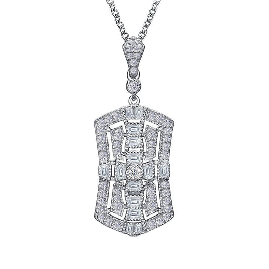 The Art Deco Inspired Pendant by Lafonn is a sterling silver piece bonded with platinum, showcasing an intricate, symmetrical design accented by numerous simulated diamonds. Hanging from a delicate silver chain, this pendant highlights craftsmanship that emphasizes both elegance and sparkling detail.