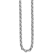 A close-up image of the King Baby Twisted Eight Link Silver Necklace showcases its intertwined, rounded links elegantly arranged in a slight curve at the bottom. The chain boasts a polished, shiny finish, and the intricate link design lends it a textured appearance. The background is plain white.