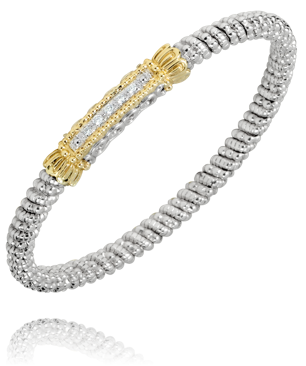 A sterling silver braided bracelet from Alwand Vahan Jewelry, featuring a central 14k gold and diamond-accented bar with a total diamond weight of 0.10 carats and a band width of 4mm, showcases intricate detailing and sparkle against a plain white background.