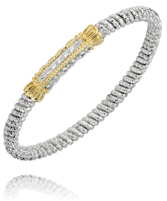 A sterling silver braided bracelet from Alwand Vahan Jewelry, featuring a central 14k gold and diamond-accented bar with a total diamond weight of 0.10 carats and a band width of 4mm, showcases intricate detailing and sparkle against a plain white background.
