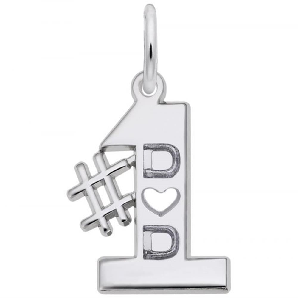 Introducing the Rembrandt Charms Number One Dad Charm, crafted from sterling silver. This delightful pendant is designed in the shape of the number one, embellished with a small heart and flanked by the letters "D" on either side to create the phrase "D♥D." Featuring a convenient loop at the top, it can easily be attached to any chain or bracelet—making it an ideal gift for celebrating the Number One Dad in your life.
