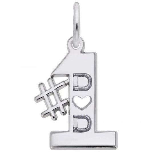 Introducing the Rembrandt Charms Number One Dad Charm, crafted from sterling silver. This delightful pendant is designed in the shape of the number one, embellished with a small heart and flanked by the letters "D" on either side to create the phrase "D♥D." Featuring a convenient loop at the top, it can easily be attached to any chain or bracelet—making it an ideal gift for celebrating the Number One Dad in your life.