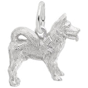 Sterling silver akita dog charm by Rembrandt Charms, featuring a detailed textured coat, curled tail, and small loop for attachment.