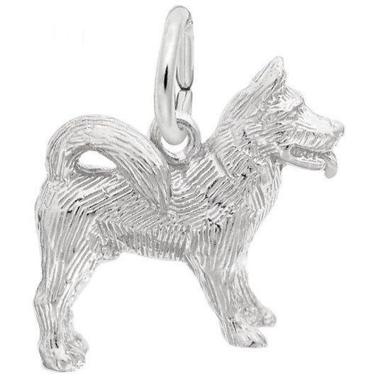Sterling silver akita dog charm by Rembrandt Charms, featuring a detailed textured coat, curled tail, and small loop for attachment.