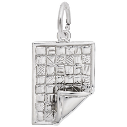 Introducing the Quilt Charm in sterling silver by Rembrandt Charms—a beautifully crafted piece shaped to resemble a folded patchwork quilt, complete with delicately engraved squares and intricate patterns reminiscent of a finished quilt block. This thoughtful charm makes the perfect gift for quilters or anyone who cherishes handmade quilt jewelry.