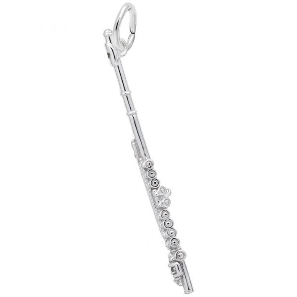 The Rembrandt Charms Flute - Sterling Silver Charm features detailed keys and a top loop for easy attachment, making it an ideal gift for flute enthusiasts or as a unique addition to your bracelet or necklace. Shown on a white background.
