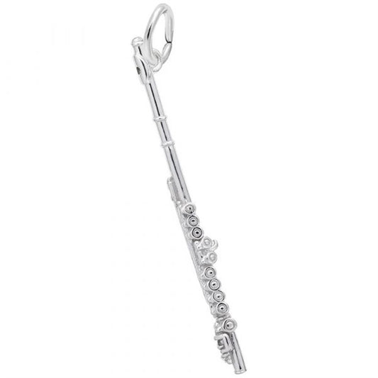 The Rembrandt Charms Flute - Sterling Silver Charm features detailed keys and a top loop for easy attachment, making it an ideal gift for flute enthusiasts or as a unique addition to your bracelet or necklace. Shown on a white background.