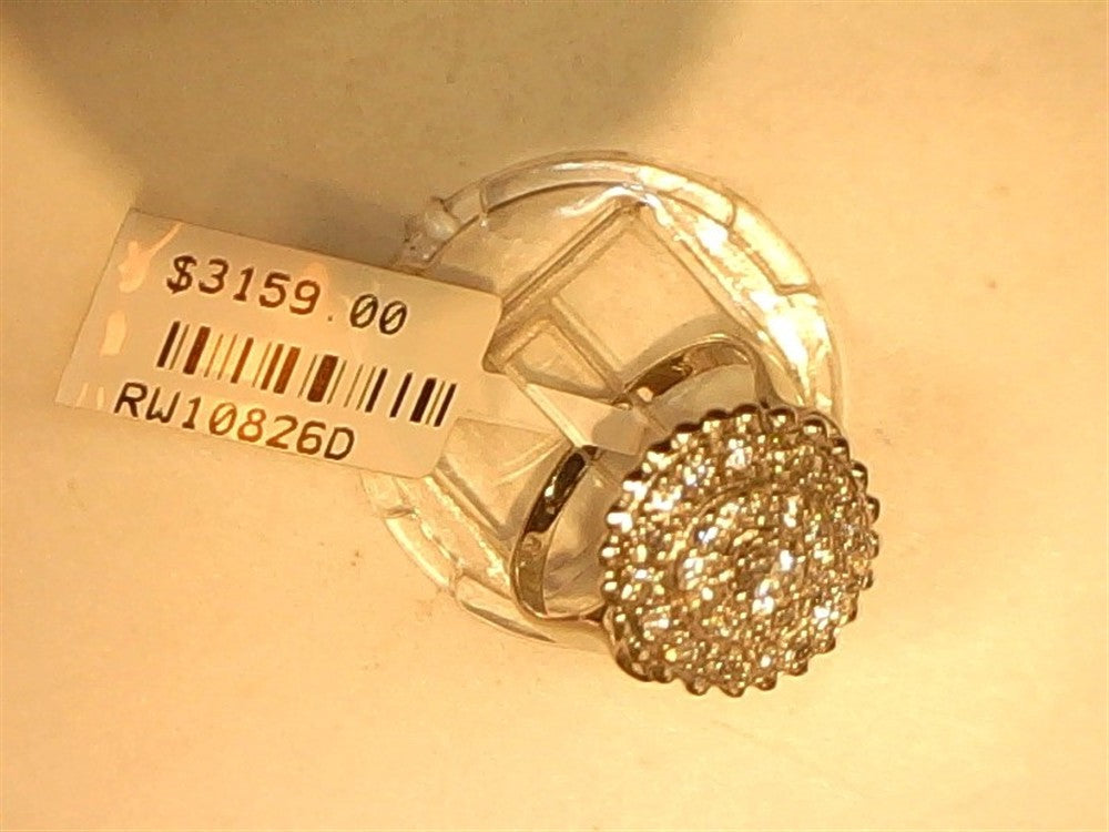 The Ryan Gems round diamond dome ring in 14k white gold, size 6.5, is shown displayed on a clear stand with price tag $3159.00 and product code RW10826D.