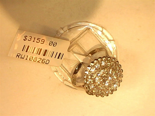 The Ryan Gems round diamond dome ring in 14k white gold, size 6.5, is shown displayed on a clear stand with price tag $3159.00 and product code RW10826D.