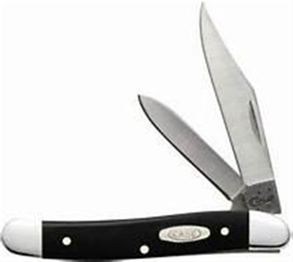 A Black Synthetic Smooth Medium Knife from W.R. Case & Sons Cutlery Co. (Case 0220), featuring two partially opened blades and a black handle with metal bolsters at both ends, along with a small oval-shaped emblem in the center.