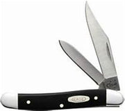 A Black Synthetic Smooth Medium Knife from W.R. Case & Sons Cutlery Co. (Case 0220), featuring two partially opened blades and a black handle with metal bolsters at both ends, along with a small oval-shaped emblem in the center.