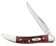 A W.R. Case & Sons Cutlery Co. red bone corn cob jig small Texas toothpick pocket knife with a polished silver blade, Case logo on the handle, and the blade partially open.