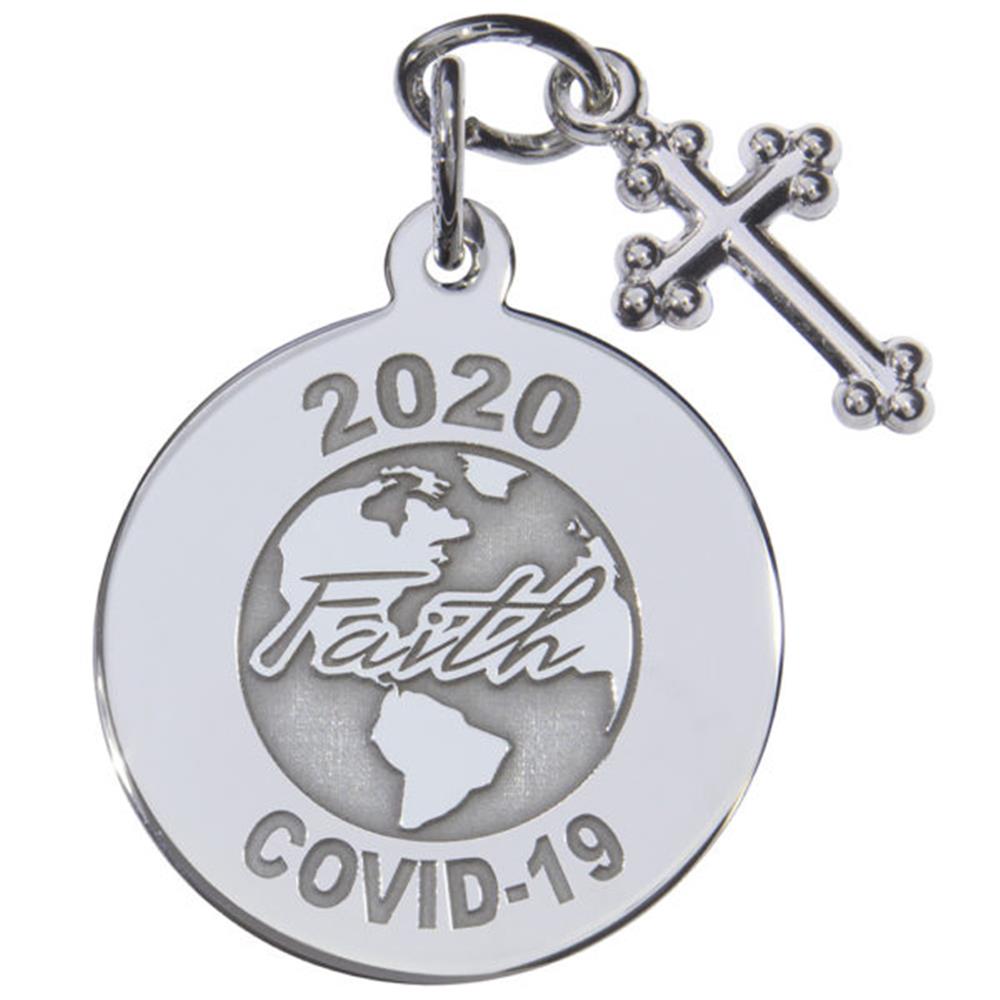 The Covid-19 World Faith with Cross Charm in Sterling Silver, by Rembrandt Charms, includes a circular pendant engraved with "2020 Faith COVID-19" and a globe design, accompanied by a small cross charm symbolizing worldwide faith during challenging times.